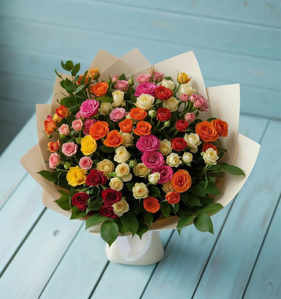 Букет Микс из разноцветных кустовых роз в Поселье