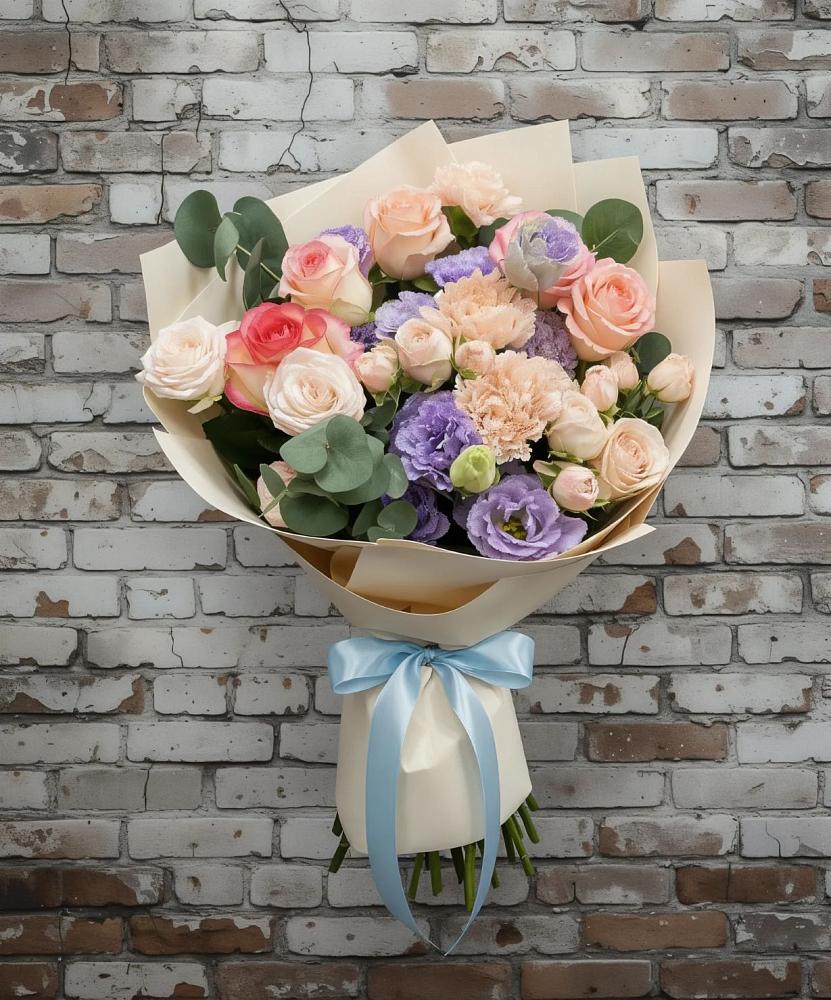 Букет цветов из: Розы, Лизиантусы и Гвоздики в Поселье