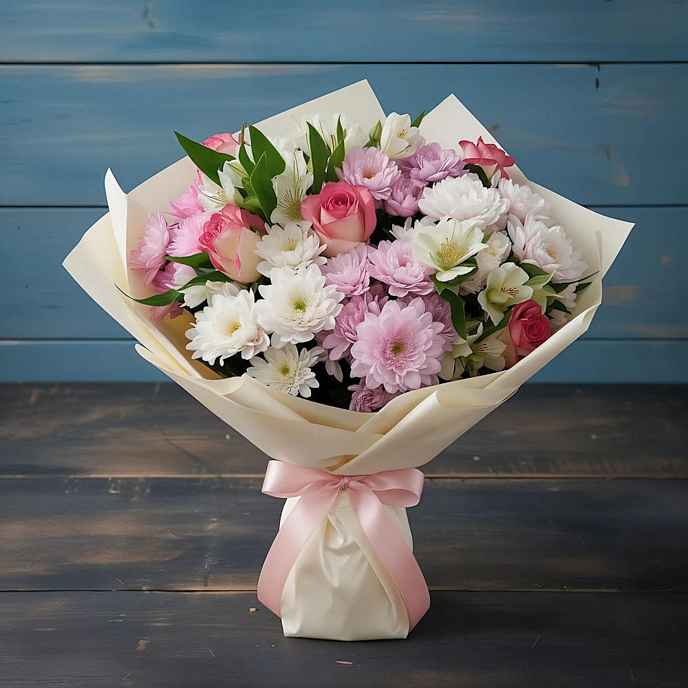 Букет цветов из: Хризантемы, Альстромерии и Розы в Поселье